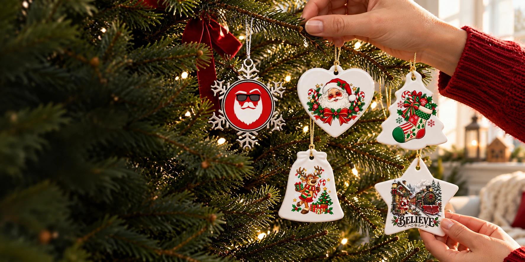 Christmas artwork printed on a metallic snowflake-frame ornament and Heart, Tree, Bell, and Star ceramic ornaments hanging on a Christmas tree