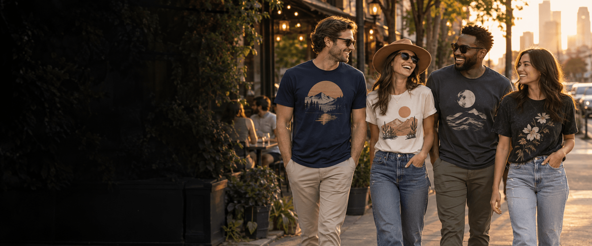 Friends wearing premium graphic T-shirts in an urban evening setting