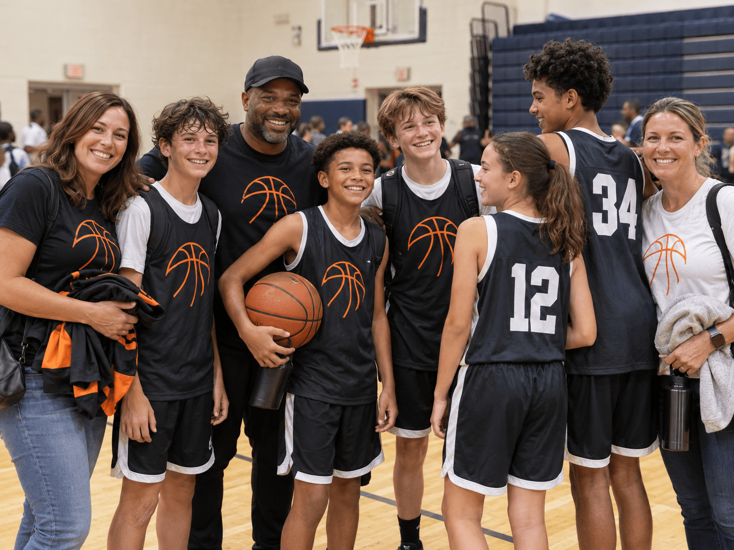 Youth basketball team wearing custom basketball shirts and jerseys